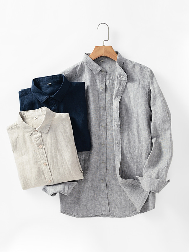  100% Linen Men's Shirt Linen Shirt Casual Shirt Navy Blue Beige Gray Long Sleeve Plain Lapel Spring &  Fall Casual Daily Clothing Apparel