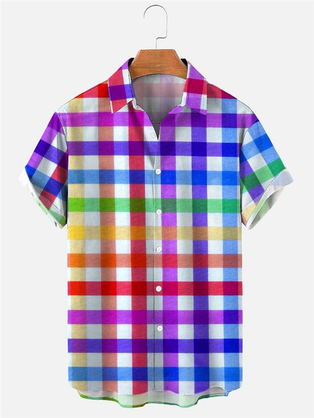  Plaid Rainbow LGBT Casual Men's Shirt Daily Wear Going out Weekend Autumn / Fall Turndown Short Sleeves Rainbow S, M, L 4-Way Stretch Fabric Shirt