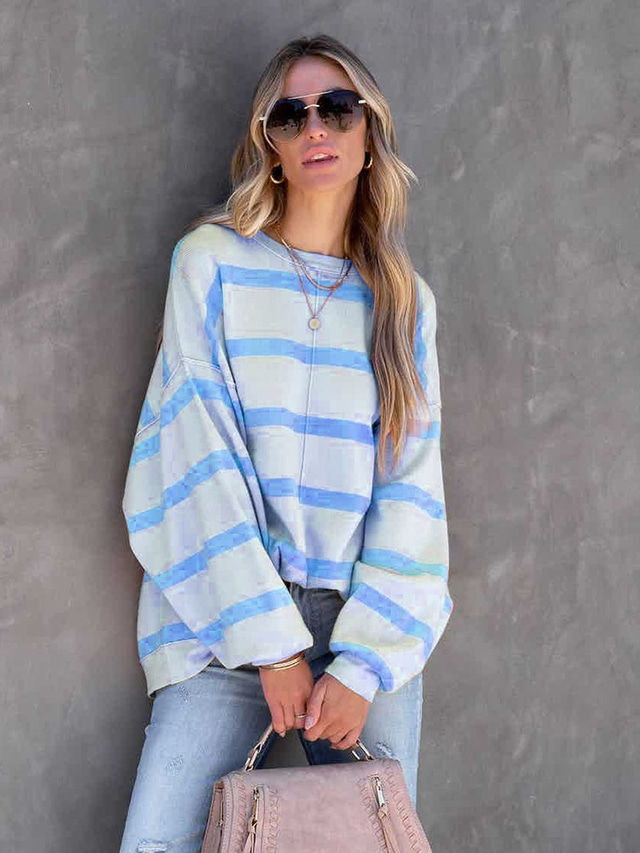  Women's Shirt Blouse Fashion Striped Print Long Sleeve Regular Tops Round Neck Casual Yellow Pink Blue Purple Spring &  Fall