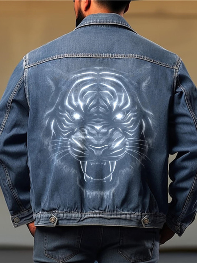  Animal Tiger Casual Men's Coat Denim Jacket Breathable Comfortable Sports & Outdoor Going out Weekend Button Print Regular Fit Fall & Winter Turndown Long Sleeve Black Blue M L XL Denim