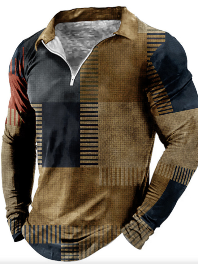  Color Block Men's Vintage 3D Print Zip Polo Outdoor Casual Daily Streetwear Polyester Long Sleeve Turndown Zip Polo Shirts Blue Brown Fall & Winter S M L Micro-elastic Lapel Polo
