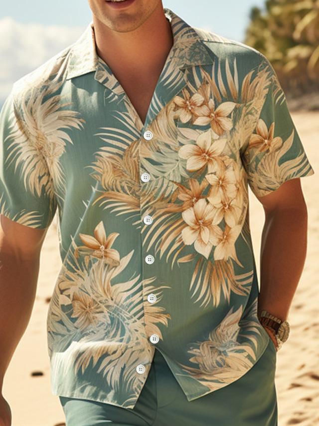  Floreale Hawaiano Informale Per uomo Camicia Esterno Strada Casual / quotidiano Autunno Collare cubano Manica corta Blu S M L Camicia