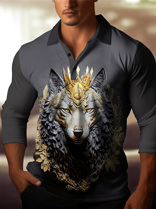  Hombre Lobo Patrón de alivio Manga Larga Camisas de polo Cuello Vuelto Abstracto Exterior Casual Diario Ropa de calle 3D Estampado Azul Marino Oscuro Gris