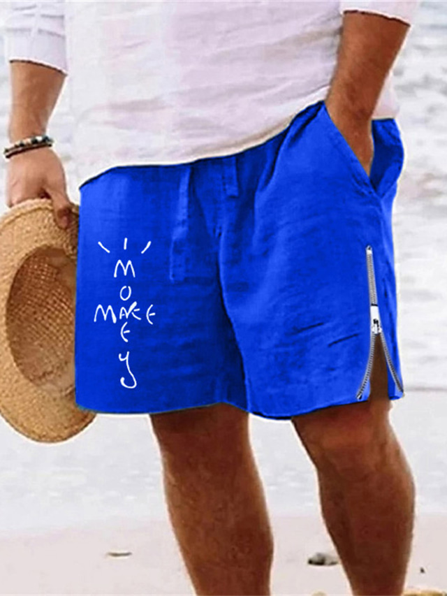  Men's Shorts Summer Shorts Beach Shorts Zipper Drawstring Elastic Waist Letter Comfort Breathable Short Daily Holiday Going out Cotton Blend Hawaiian Casual Army Green Royal Blue