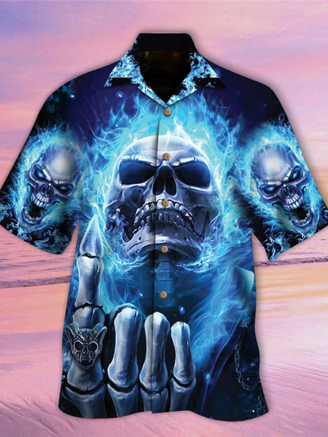  Totenkopf Motiv Flamme Abstrakt Gothic Herren Hemd Freizeitskleidung Ausgehen Wochenende Herbst Kubanisches Halsband Kurze Ärmel Blau S, M, L 4-Wege-Stretchgewebe Hemd