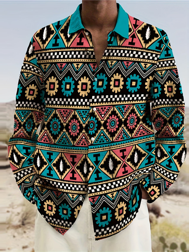  Color Block Geometria Vintage Tribale Per uomo Camicia Da tutti i giorni Per uscire Autunno inverno Collo ripiegabile Manica lunga Blu S, M, L Tessuto elasticizzato a 4 vie Camicia