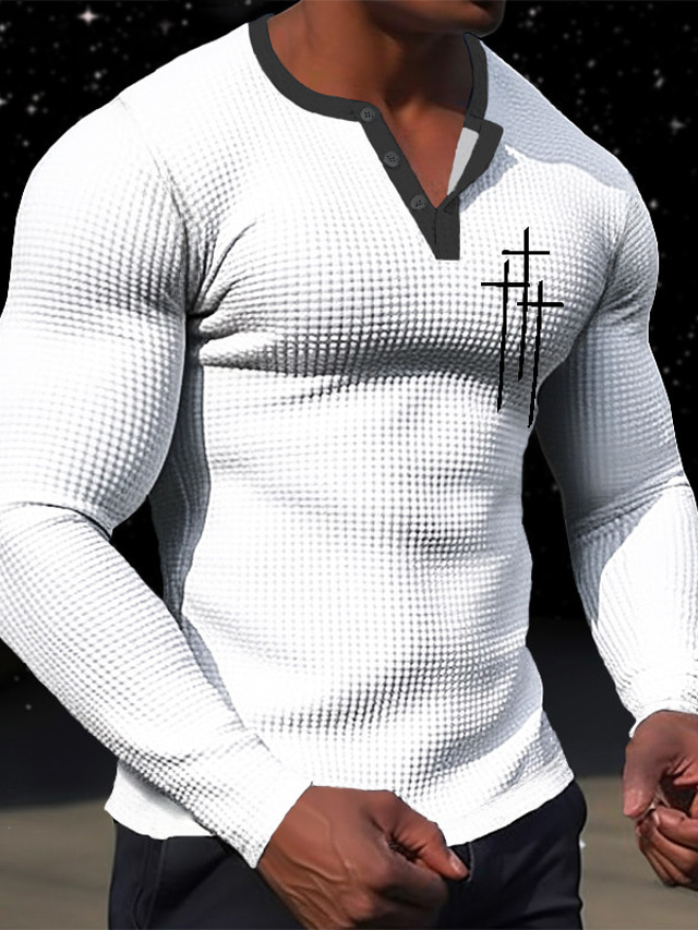  Graphic Faith Daily Classic Casual Men's T shirt Tee Henley Shirt Waffle T Shirt Sports Outdoor Casual Going out T shirt Black White Green Long Sleeve V Neck Shirt Spring &  Fall Clothing Apparel S M