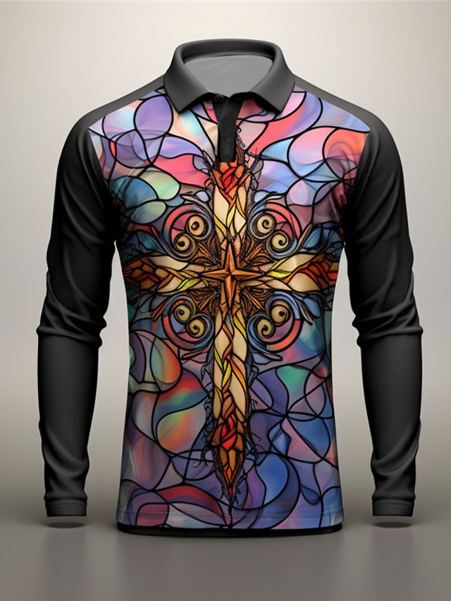  Color Block Colorful Men's Abstract 3D Print Outdoor Casual Daily Streetwear Polyester Long Sleeve Turndown Polo Shirts Blue Purple Fall & Winter S M L Micro-elastic Lapel Polo