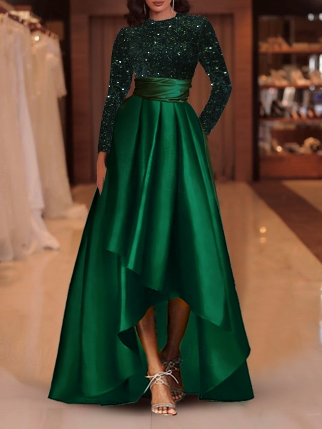  A-Line Cocktail Dresses Sparkle Dress Wedding Guest Asymmetrical Long Sleeve Jewel Neck Satin with Sequin Derby Dresses 2025