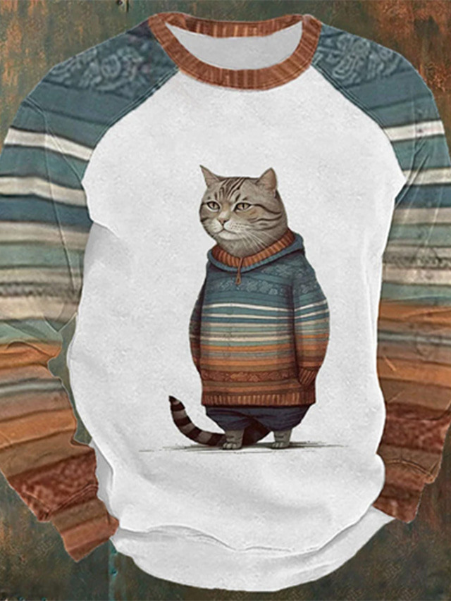  Animal Cat Men's Daily 3D Print Sweatshirt Holiday Going out Streetwear Sweatshirts Blue Long Sleeve Crew Neck Print Spring &  Fall Designer Hoodie Sweatshirt