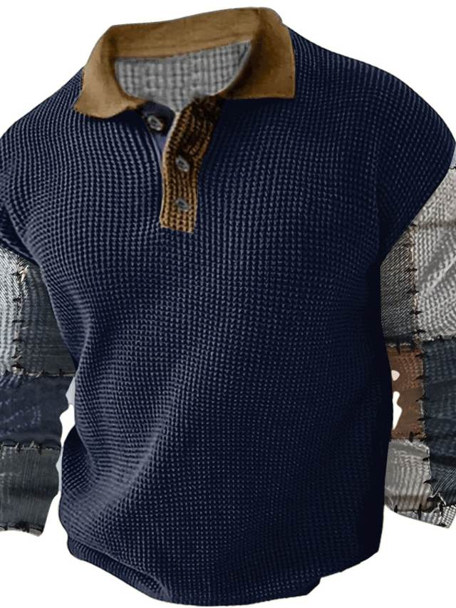  Barevné bloky Kostkovaný Pánské Na běžné nošení 3D Tisk Waffle Polo tričko golfové pólo Venkovní Běžné / Denní Streetwear Vaflová látka Dlouhý rukáv Přehnutý Polo tričko Tmavě námořnická Modrá Podzim