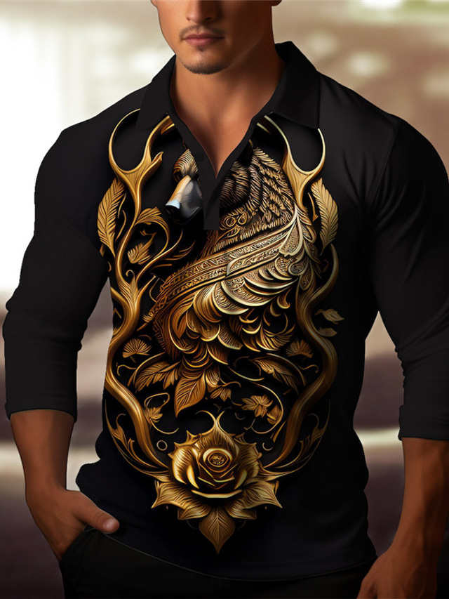  Symbol Totem Men's Vintage Print 3D Outdoor Casual Daily Streetwear Polyester Long Sleeve Turndown Polo Shirts Silver Gold Fall & Winter S M L Micro-elastic Lapel Polo