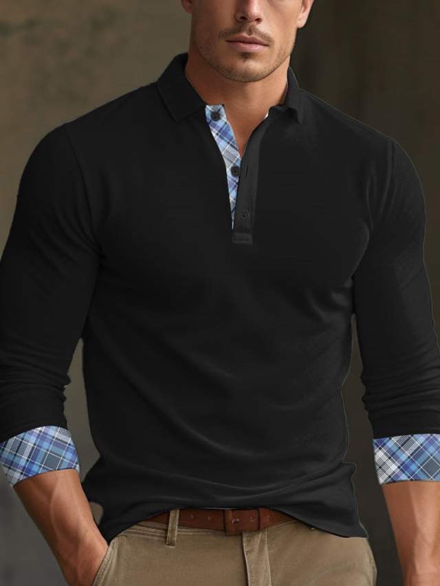  Men's Plaid / Check Long Sleeve Polo Shirts Turndown Business Outdoor Casual Daily Streetwear 3D Print Black Navy Blue Beige