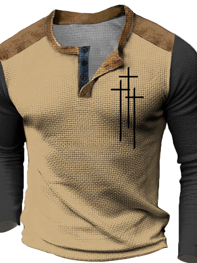  Graphic Color Block Faith Fashion Designer Casual Men's 3D Print Henley Shirt Waffle T Shirt Sports Outdoor Holiday Festival T shirt Black Light Brown Blue Long Sleeve Henley Shirt Spring &  Fall