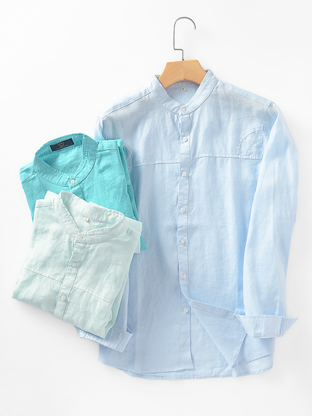  100% كتان رجالي قميص قميص كتان قميص غير رسمي أخضر فاتح أخضر أزرق فاتح كم طويل سهل رقبة طوقية مرتفعة ربيع & الصيف فضفاض مناسب للبس اليومي ملابس