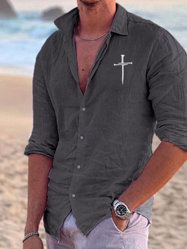  Men's Cotton Linen Shirt Linen Shirt Cross Faith Print Long Sleeve Lapel Black, White, Pink Shirt Outdoor Daily Vacation