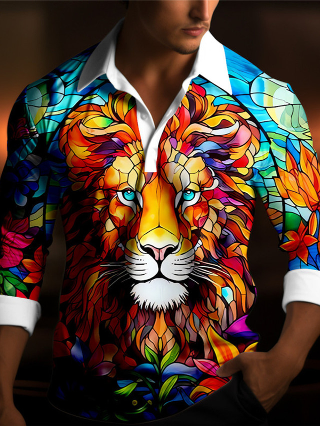  Color Block Lion Men's Abstract Print 3D Outdoor Casual Daily Streetwear Polyester Long Sleeve Turndown Polo Shirts Yellow Green Fall & Winter S M L Micro-elastic Lapel Polo