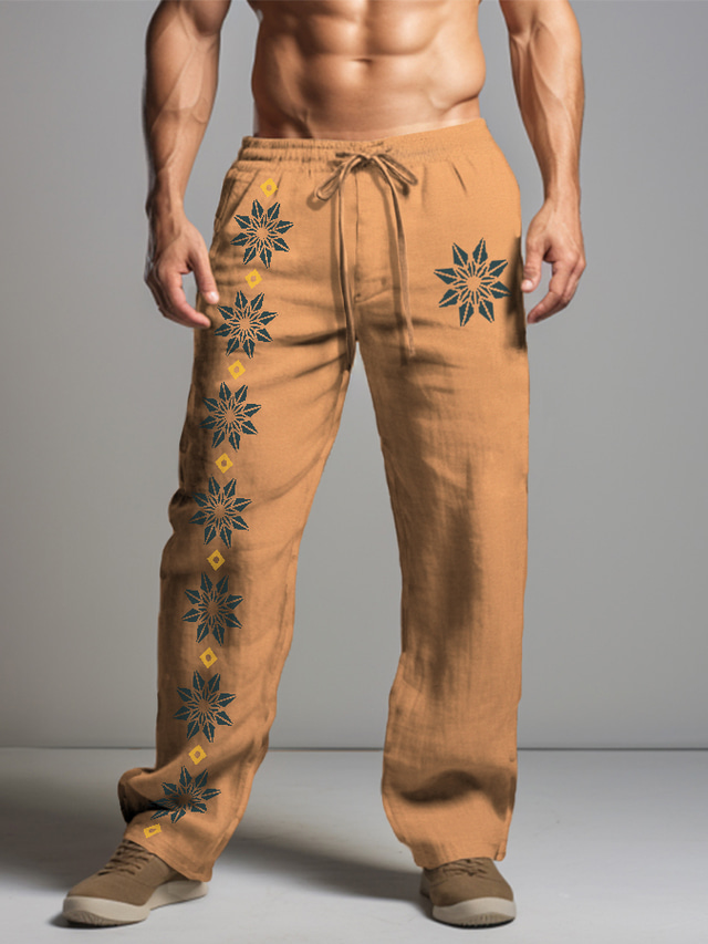  Men's Graphic Florals Linen Pants Pants Trousers Baggy Pants Mid Waist Vintage Casual Daily Wear Vacation Going out Spring Fall Black White Brown