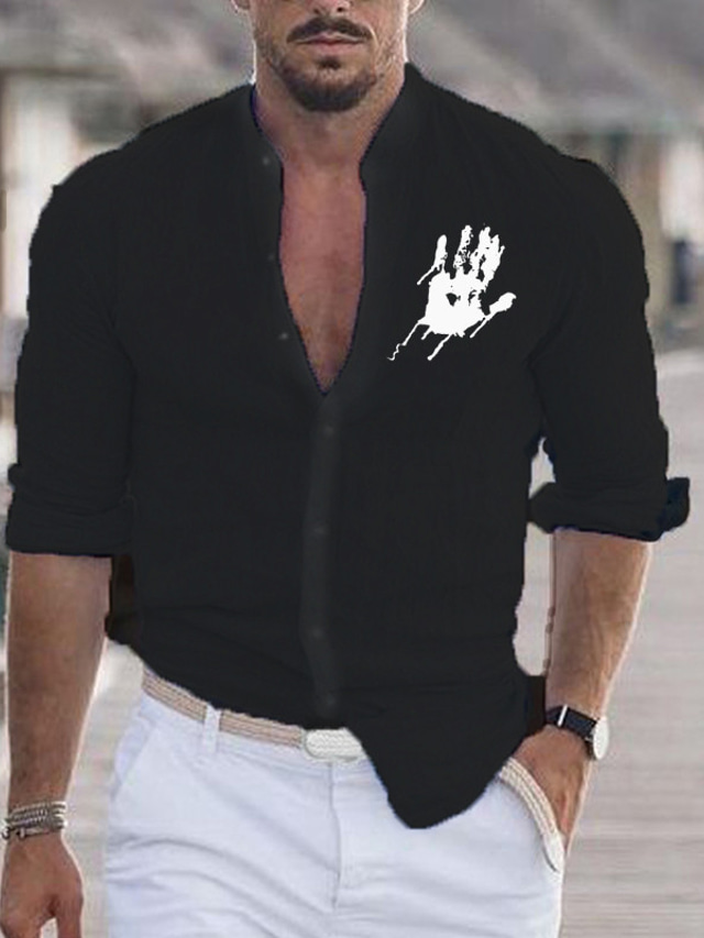 Hombre Poliéster Lino Camisa camisa de lino manos Cara de emoji Estampado Manga Larga Escote Chino Negro, Blanco, Rojo Camisa Exterior Diario Vacaciones