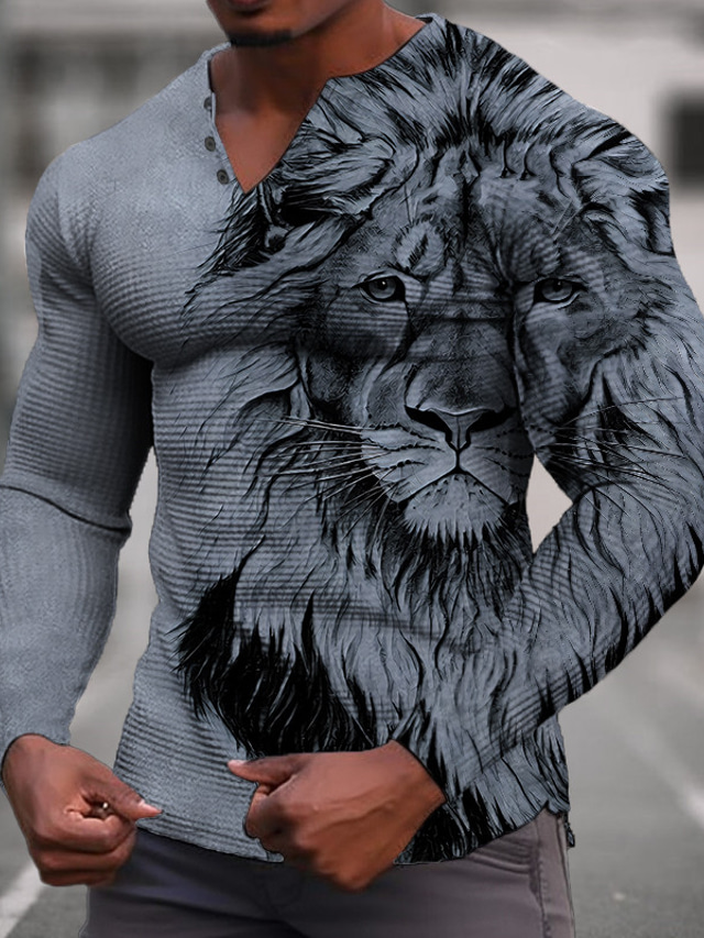  Graphic Animal Lion Mode Design Décontractées Homme 3D effet Chemise Henley Shirt T-shirt gaufré Sport extérieur Vacances Festival T-shirt Bleu Vert Kaki manche longue Henley Chemise Printemps