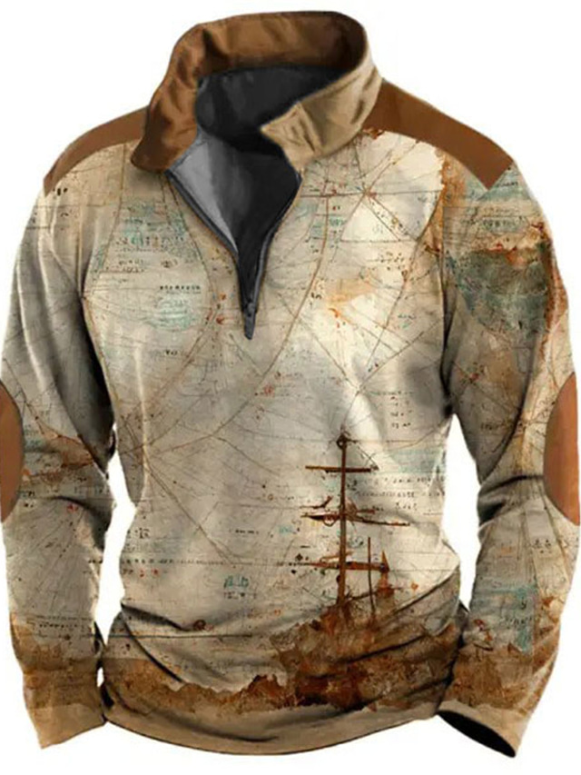  Map Men's Vintage 3D Print Zip Polo Outdoor Casual Daily Streetwear Polyester Long Sleeve Zip Polo Shirts Purple Brown Fall & Winter S M L Micro-elastic Lapel Polo