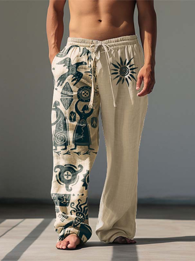  Homme Pantalon en lin Cordon Taille elastique Poche avant Imprimés Photos Confort Casual 20% Lin Style Ethnique Noir Bleu