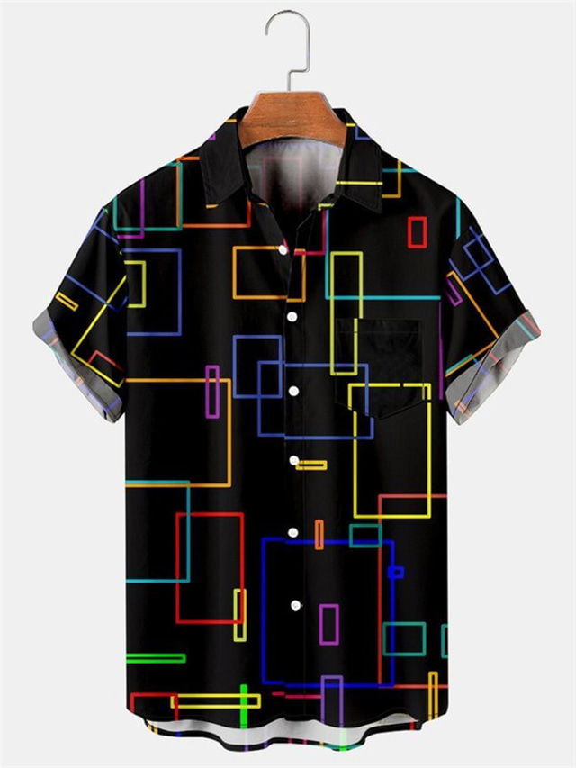  Geometri Afslappet Herre Skjorte Dagligdagstøj I-byen-tøj Weekend Efterår Aftæpning Kort Ærme Sort S, M, L 4-vejs strækstof Skjorte