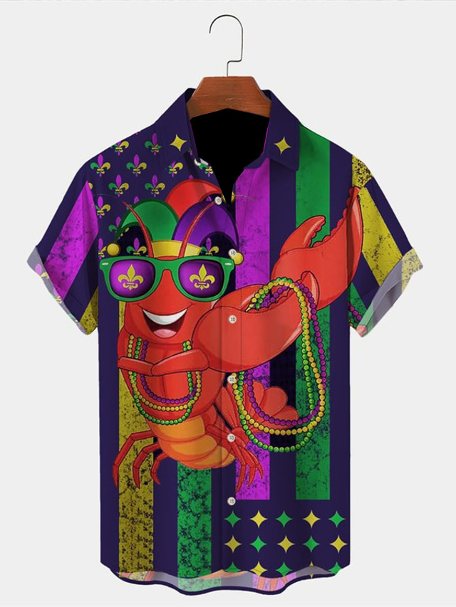  Carnival Shrimp Artistic Men's Shirt  Daily Wear Going out Autumn / Fall Turndown Short Sleeves Purple S, M, L 4-Way Stretch Fabric