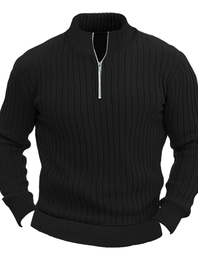  Men's Knitwear Pullover Ribbed Knit Regular Basic Plain Quarter Zip Keep Warm Modern Contemporary Daily Wear Going out Clothing Apparel Fall Winter Black White M L XL