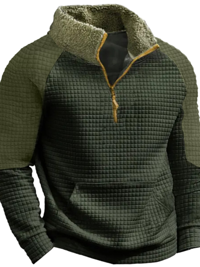  Men's Sweatshirt Quarter Zip Sweatshirt Army Green Standing Collar Color Block Patchwork Sports & Outdoor Daily Holiday Streetwear Basic Casual Fall & Winter Clothing Apparel Hoodies Sweatshirts 