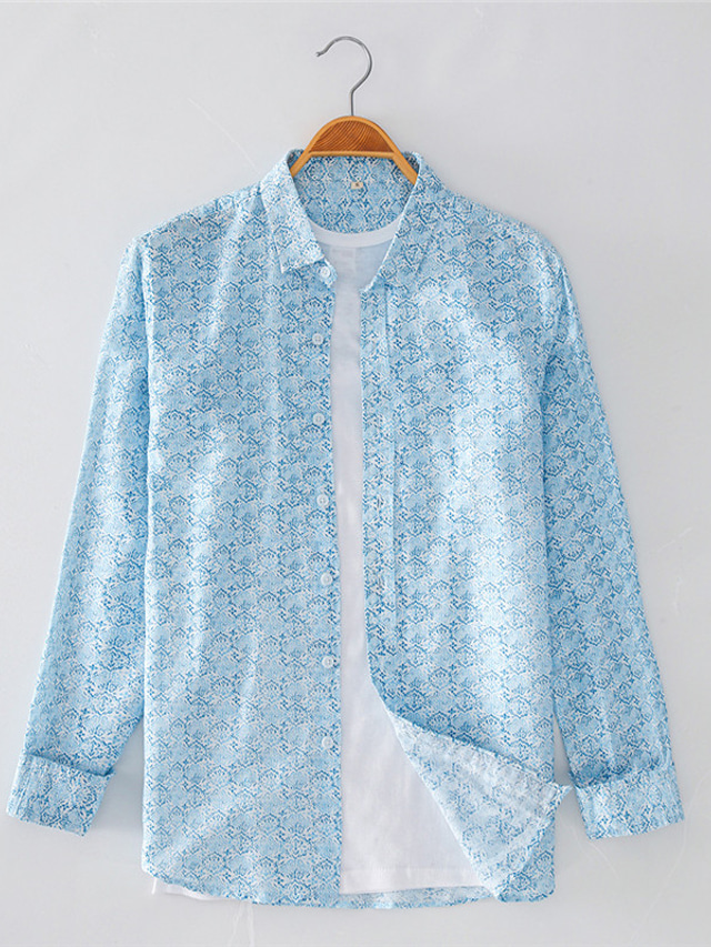  100% Lino Hombre Camisa camisa de lino Camisa casual Azul Piscina Manga Larga Patrones de Rombo Diseño Primavera & Otoño Casual Diario Ropa