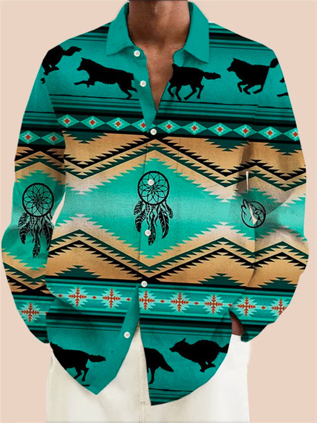  Tribal Bandana-afdruk Vintage Tribal Voor heren Overhemd Alledaagse kleding Uitgaan Weekend Herfst winter Strijkijzer Lange mouw Groen, Khaki S, M, L Slub stof Overhemd