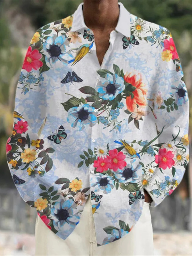  floral casual ανδρικό πουκάμισο για την ημέρα του Αγίου Βαλεντίνου καθημερινή ένδυση που βγαίνει το Σαββατοκύριακο το φθινόπωρο& χειμερινό turndown μακρυμάνικο μπλε s, m, l slub