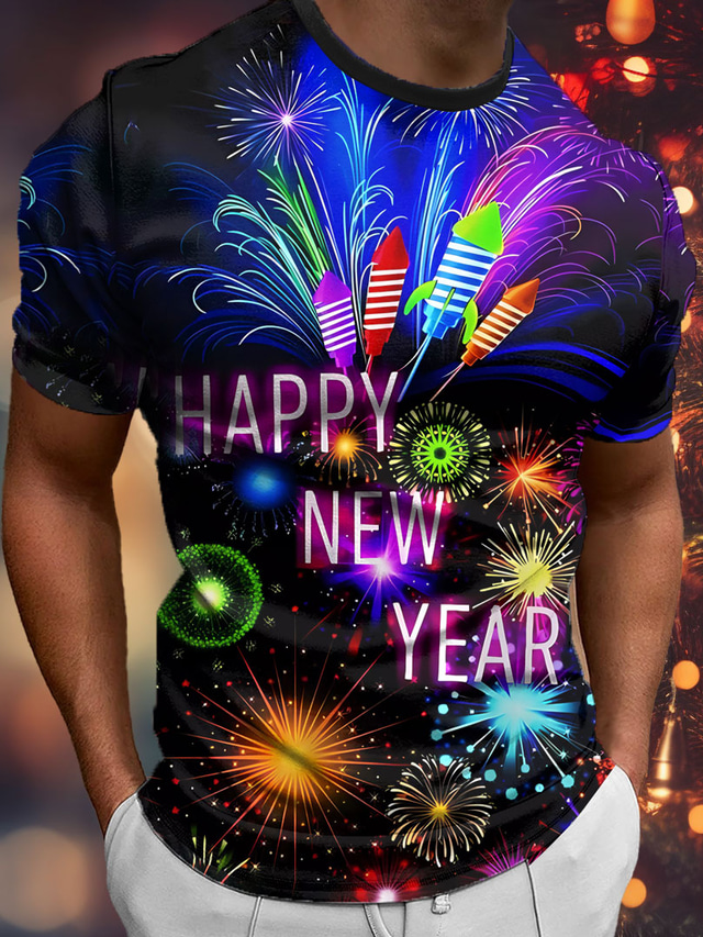  Graphic Letter Fireworks Daily Designer Retro Vintage Men's 3D Print T shirt Tee Sports Outdoor Holiday Going out New Year T shirt Blue Brown Green Short Sleeve Crew Neck Shirt Spring & Summer