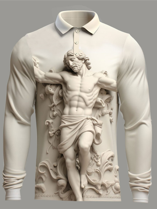  Embossed Jesus Men's Vintage 3D Print Outdoor Casual Daily Streetwear Polyester Long Sleeve Turndown Polo Shirts Khaki Fall & Winter S M L Micro-elastic Lapel Polo