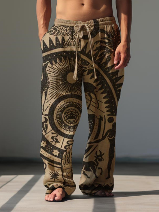  Этнические винтажные мужские брюки с 3D принтом, брюки для улицы, для выхода в свет, полиэстер, коричневый, зеленый, хаки, s, m, эластичные брюки со средней талией