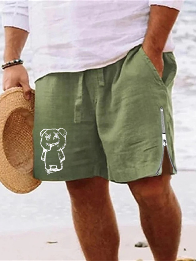  Homens Calção Shorts de verão Shorts de praia Zíper Com Cordão Cintura elástica Desenho Animado Urso Conforto Respirável Curto Diário Feriado Para Noite Misto de Algodão Havaiana Casual Verde Tropa
