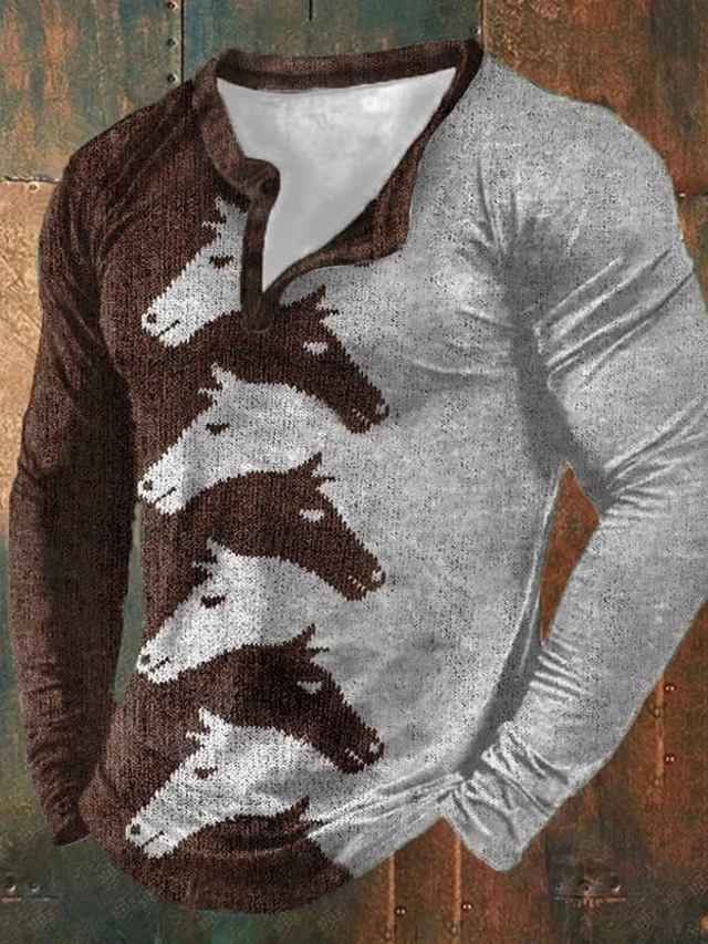  Graphic Animal Horse Fashion Daily Casual Men's 3D Print Henley Shirt Casual Holiday Going out T shirt Coffee Long Sleeve Henley Shirt Spring &  Fall Clothing Apparel S M L XL XXL 3XL 4XL