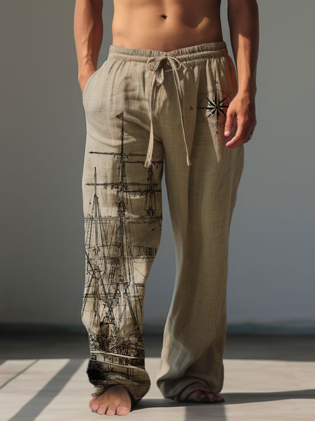  Men's Vintage Ship Linen Pants Pants Trousers Mid Waist Outdoor Daily Wear Streetwear Fall & Winter Regular Fit