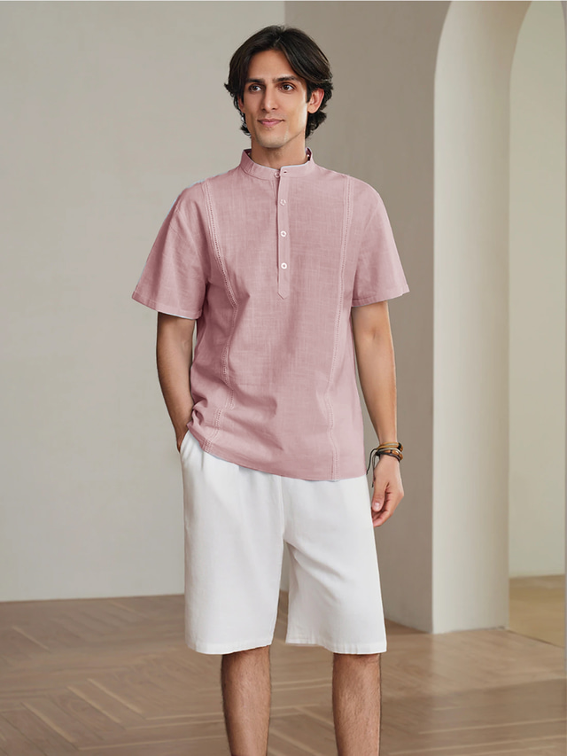  10% lino Hombre Camisa Camisa Guayabera camisa de lino Camisa de manga corta Camisa de verano Camisa de playa Negro Blanco Rosa Manga Corta Plano Cuello Verano Casual Diario Ropa