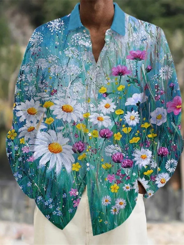  floral casual ανδρικό πουκάμισο για την ημέρα του Αγίου Βαλεντίνου καθημερινή ένδυση που βγαίνει το Σαββατοκύριακο το φθινόπωρο& χειμερινό turndown μακρυμάνικο μπλε s, m, l slub