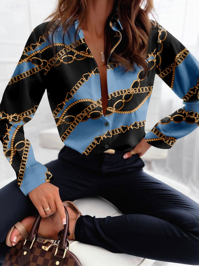  Women's Shirt Fashion Buttons Print Long Sleeve Regular Tops Shirt Collar Casual Yellow Pink Blue Green Spring &  Fall