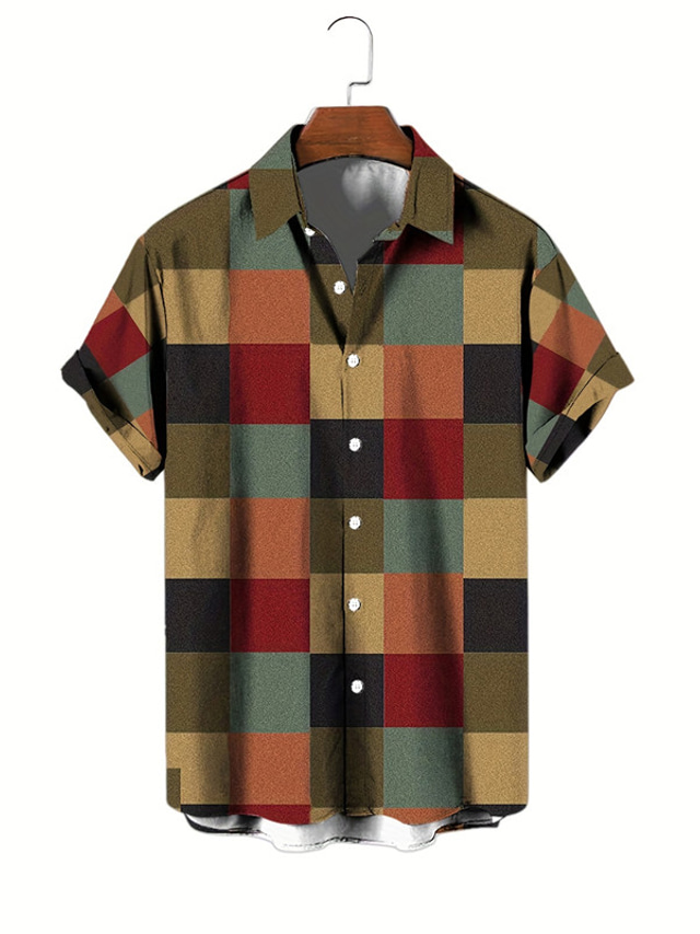  Color Block Plaid / Check Colorful Casual Men's Shirt Daily Wear Going out Weekend Autumn / Fall Turndown Short Sleeves Yellow S, M, L 4-Way Stretch Fabric Shirt