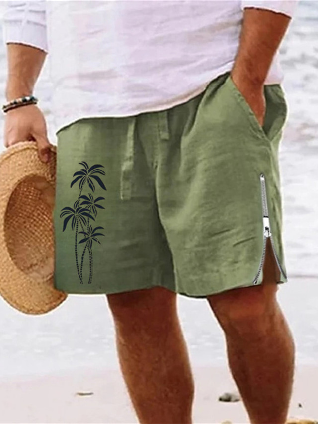  Men's Shorts Summer Shorts Beach Shorts Zipper Drawstring Elastic Waist Coconut Tree Comfort Breathable Short Daily Holiday Going out Cotton Blend Hawaiian Casual Army Green Royal Blue