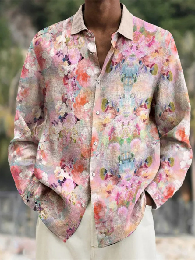  floral casual ανδρικό πουκάμισο για την ημέρα του Αγίου Βαλεντίνου καθημερινή ένδυση που βγαίνει το Σαββατοκύριακο το φθινόπωρο& χειμερινό turndown μακρυμάνικο ροζ s, m, l slub