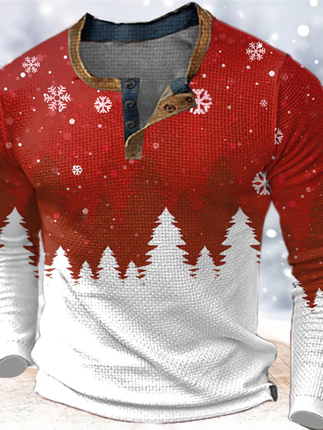  Graphic Christmas Tree Snowflake Fashion Designer Casual Men's 3D Print Henley Shirt Waffle T Shirt Sports Outdoor Holiday Festival Christmas T shirt Blue Red & White Purple Long Sleeve Henley Shirt