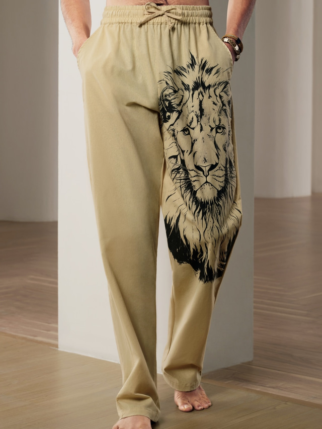  Men's Linen Pants Trousers Beach Pants Drawstring Elastic Waist 3D Print Animal Lion Graphic Prints Comfort Casual Daily Holiday 20% Linen Streetwear Hawaiian Blue Green