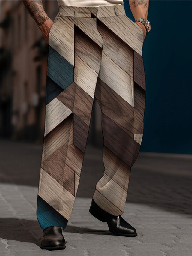  カラーブロック ジオメトリ ヴィンテージ ビジネス 男性用 3Dプリント スーツ パンツ アウトドア ストリート 仕事に着る ポリエステル ブルー カーキ色 グレー S M L ハイウエスト 弾性 パンツ