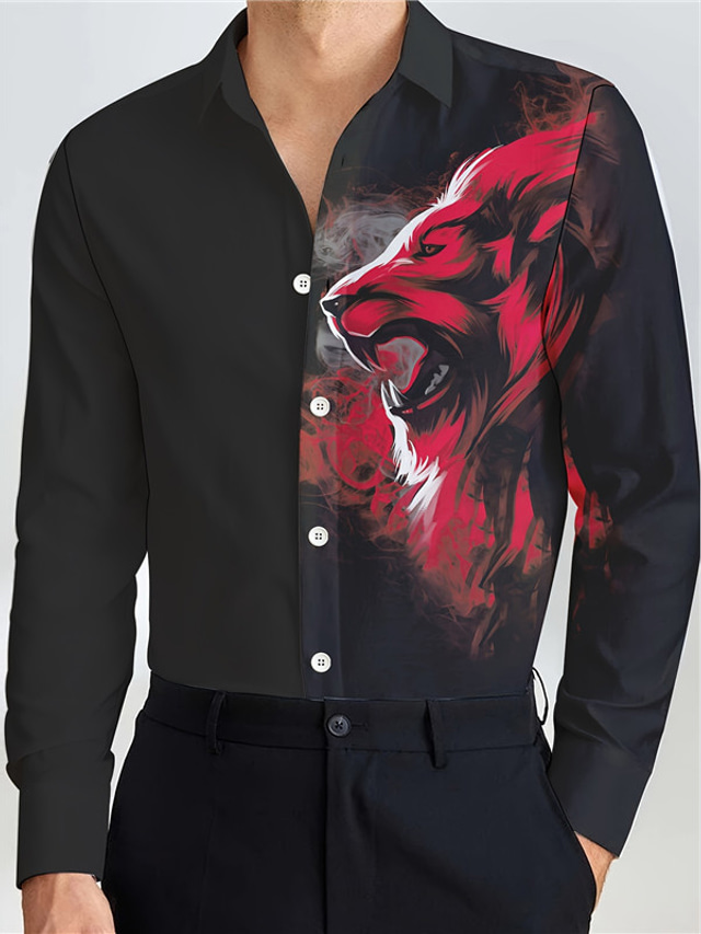  Lion Abstract Men's Shirt Daily Wear Going out Fall & Winter Turndown Long Sleeve Red S, M, L 4-Way Stretch Fabric Shirt
