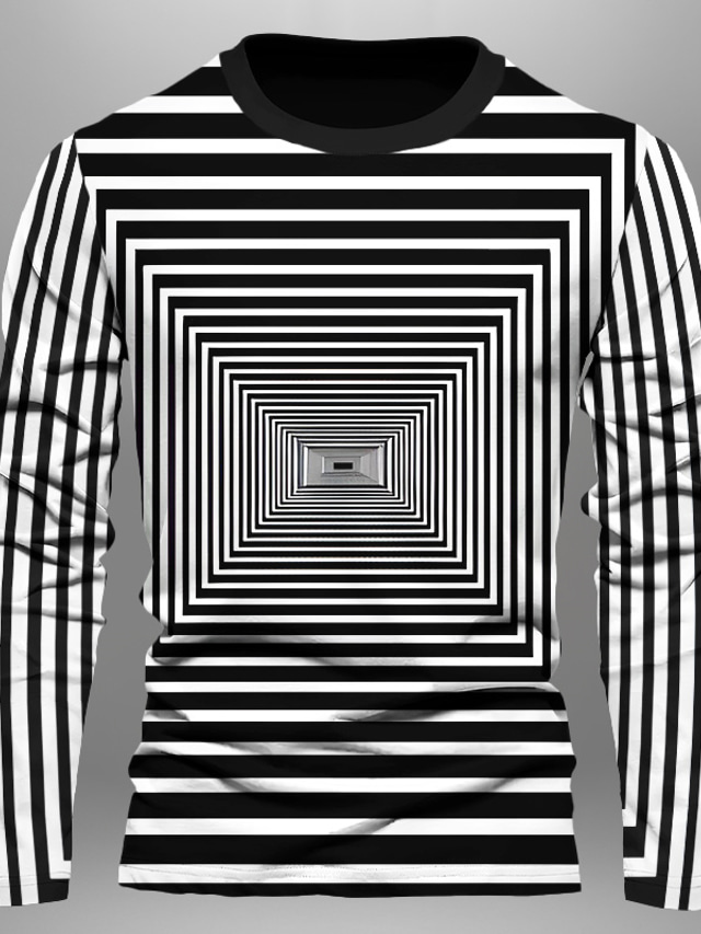  Carnival Graphic Optical Illusion Fashion Designer Casual Men's 3D Print T shirt Tee Sports Outdoor Holiday Going out T shirt Black / White Black White Long Sleeve Crew Neck Shirt Spring &  Fall